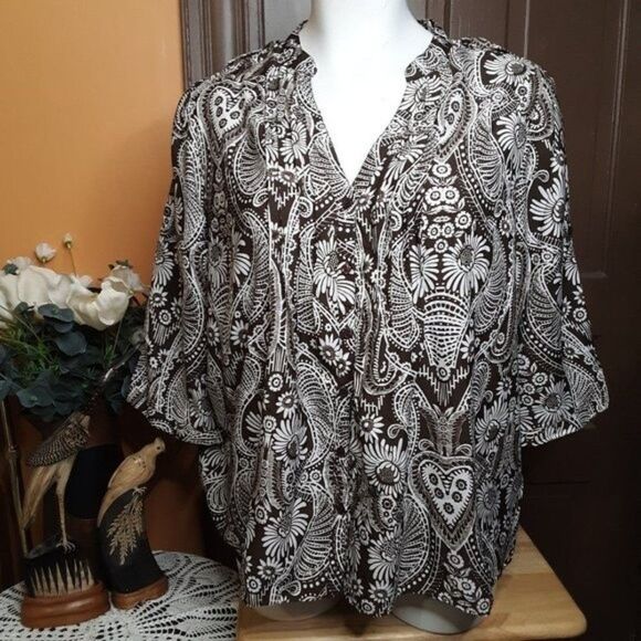 Denim 24/7 Women's V-Neck Brown Polyester Motif Blouse/Top size 24W - Picture 2 of 12